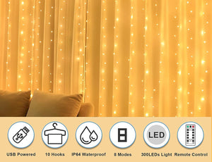 USB Powered 300 LED Curtain String Light with 8 Modes and Remote Control for Bedroom Party Wedding Decorations