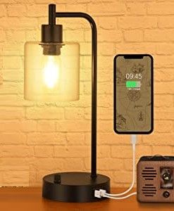 Industrial Bedside Table Lamp with 2 USB Ports