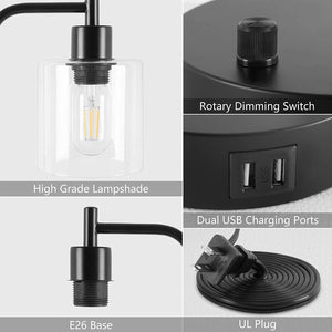 Industrial Bedside Table Lamp with 2 USB Ports