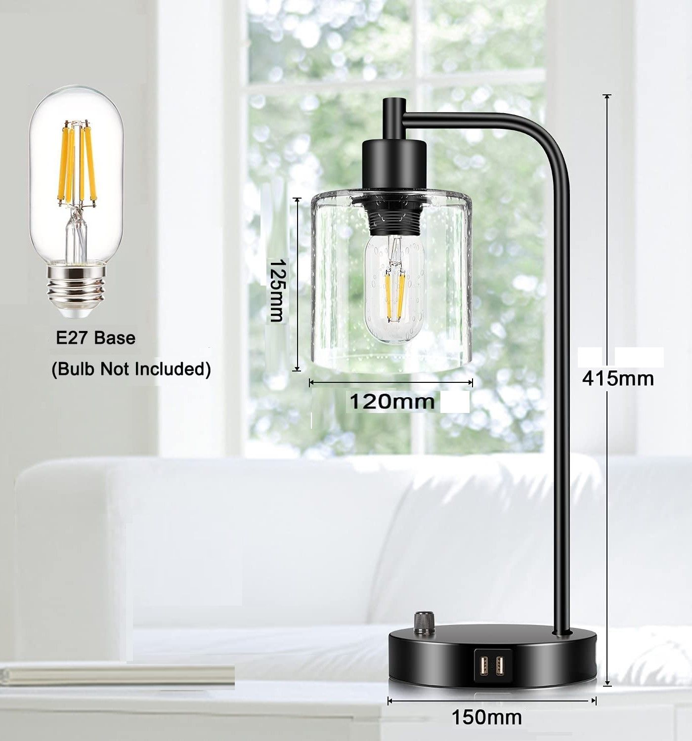 Industrial Bedside Table Lamp with 2 USB Ports