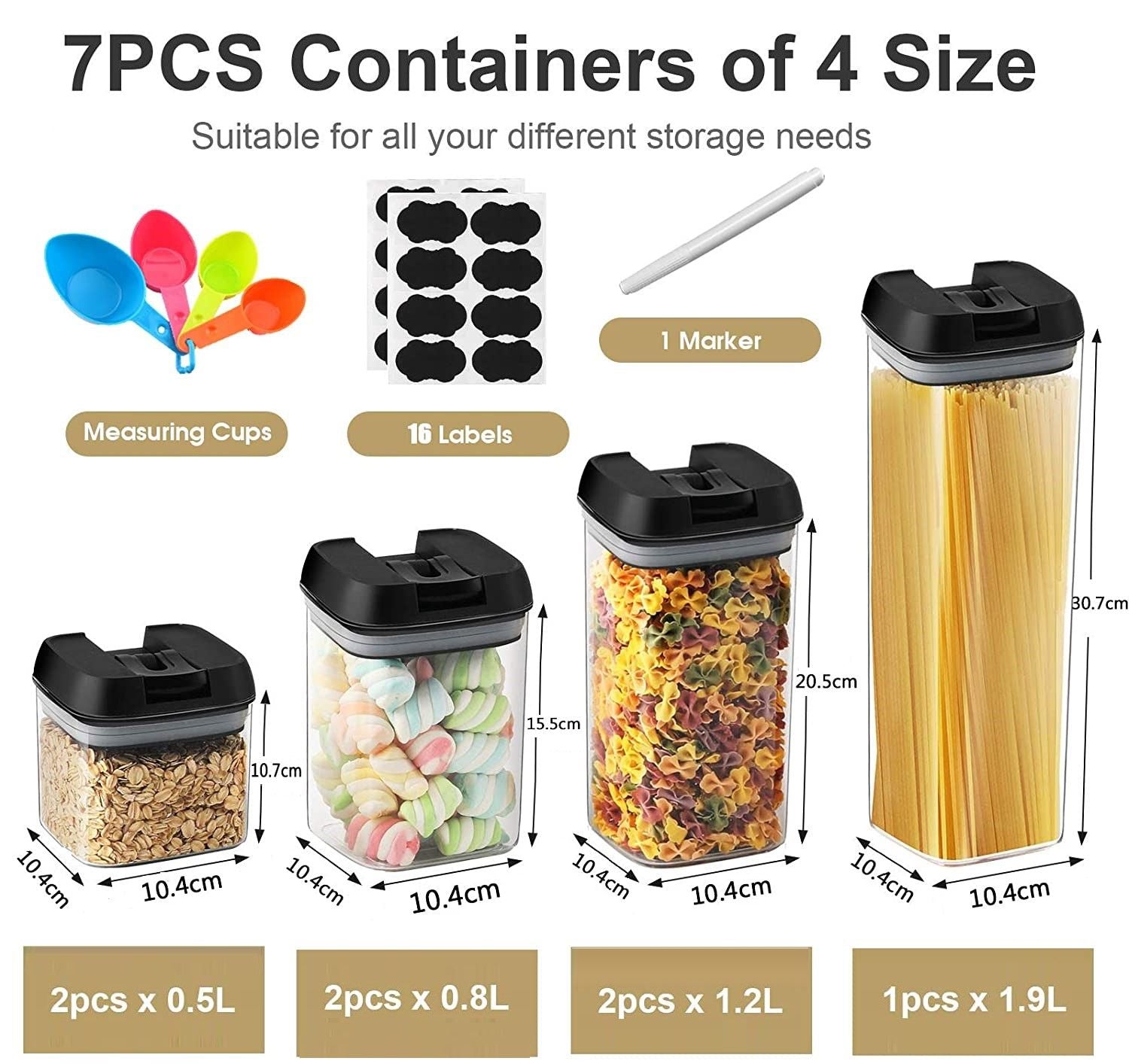 7 Pieces Airtight Food Storage BPA Free with Easy Lock Black Lids and Labels