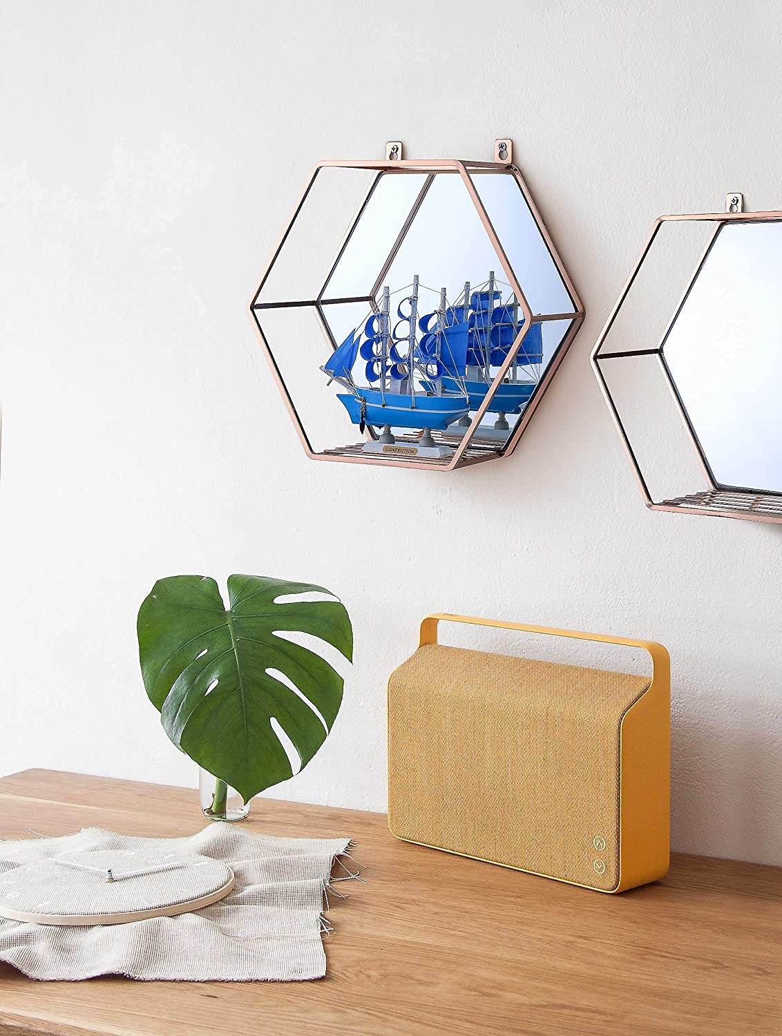 Hexagon Hanging Mirror Rose Gold Colour