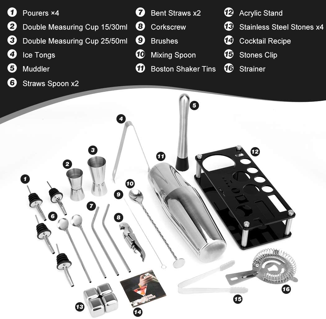 Cocktail Shaker Set Stainless Steel Professional Bar Tools Drink Mixing 23-Piece