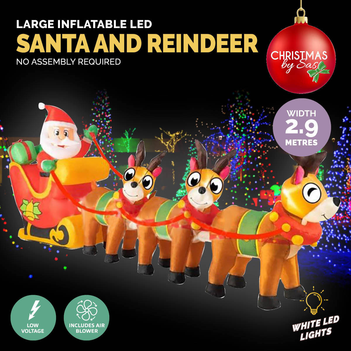 2.9m Santa Reindeers & Sleigh Built-In Blower LED Lighting